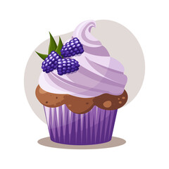 Cupcake with pink cream and blackberry. Vector illustration 
