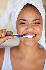 Healthy teeth are happy teeth. Portrait of a happy and attractive young woman brushing her teeth.
