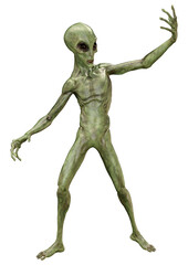 3D Rendering Green Alien on White