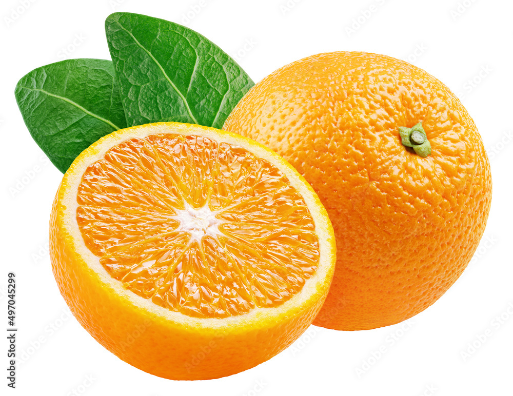 Wall mural orange citrus fruit with half and leaves isolated on white background. oranges with clipping path. f - Wall murals