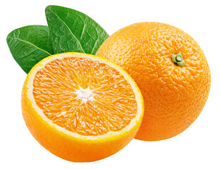 Orange citrus fruit with half and leaves isolated on white background. Oranges with clipping path. Full depth of field.