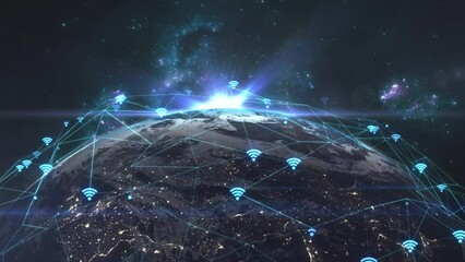Earth planet and Wi-fi icons. Global internet. Modern technology concept. Digital globe with signal transmitters and lines icons on dark blue background. Symbols for connecting to a wireless network