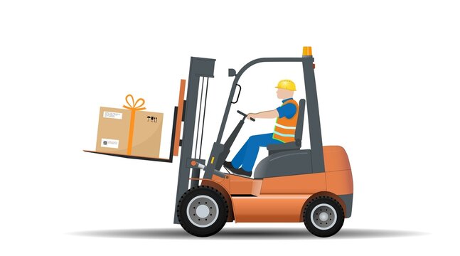 A forklift driver is carrying a box of gifts for the holiday.