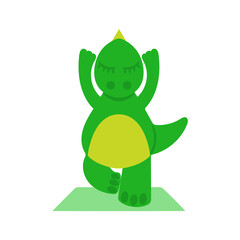 Cute green dinosaur doing yoga. Image isolated on white background. Dinosaur stands in asana pose on yoga mat. Vector graphics. Design element