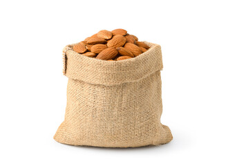 Almonds in sack isolated on white background.