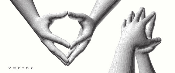 Hands with steepled fingers. Man body language for confidence and self-esteem. Symbolic for unity and harmony. 3D vector illustration. Can be used for advertising, marketing or presentation.