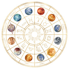 Watercolor gold composition of zodiac signs, planets and sun. Hand painted abstract astronomy calendar isolated on white background. Illustration for design, print, fabric or background. - 497047008