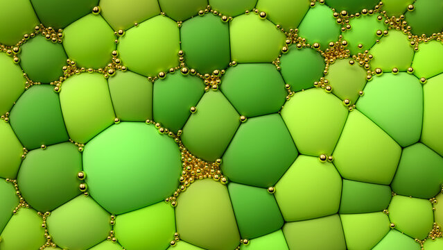 Abstract fresh spring background. Green spheres with small golden spheres. 3D illustration. 3D rendering.