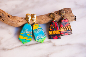Boho unique earrings of polymer clay. Handmade jewelry.