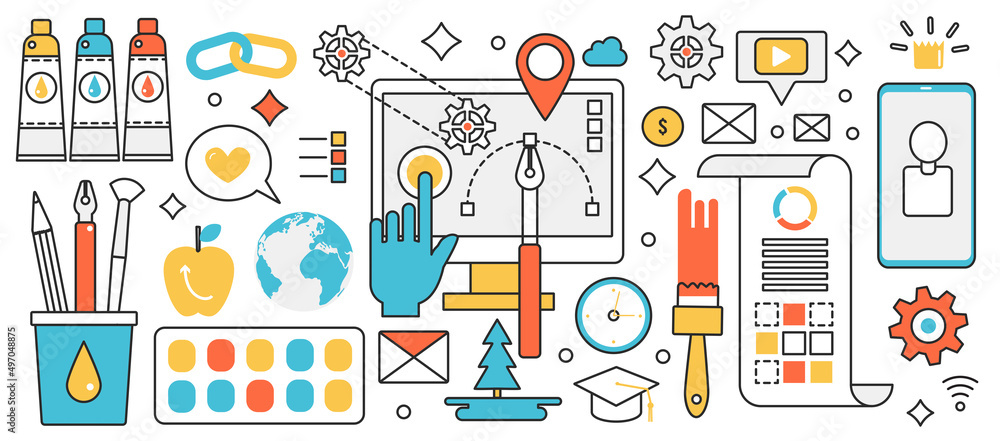 Aufkleber web products and website digital content creation. abstract authors creative tools, software and edi