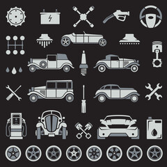 Collection vintage minimalist automobile vehicle and element vector illustration. Set old fashioned retro car and service details wheel, wrench, gasoline station, electric charge, screwdriver, washing