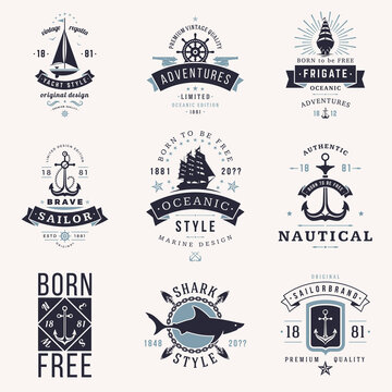 Set ocean adventure nautical vintage label design vector illustration. Collection monochrome retro badge yacht, frigate oceanic, brave sailor, marine, shark, born free premium quality brand logo