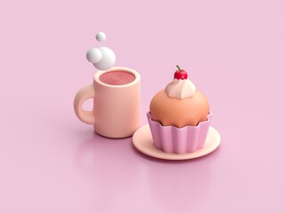 Coffee with 3D muffin. 3D render