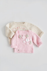 Knitted sweater and jumper, kids clothes and accessories for knitting. Needlework and knitting. Hobbies and creativity. Knit for children. Handmade. Hobbies and creativity