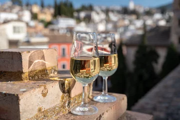 Fotobehang Tasting of sweet and dry fortified Vino de Jerez sherry wine with view on roofs and houses of old andalusian town © barmalini