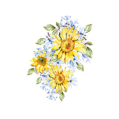 Beautiful tender watercolor bouquet with different flowers. In blue and yallow colors.