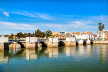 Beautiful cityscape of historic Tavira by Gilao river, Algarve, Portugal