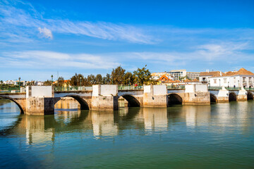 Beautiful cityscape of historic Tavira by Gilao river, Algarve, Portugal
