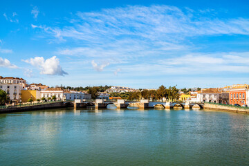 Fototapeta na wymiar Beautiful cityscape of historic Tavira by Gilao river, Algarve, Portugal