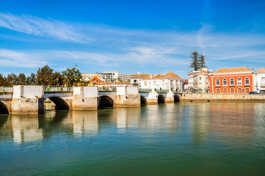 Beautiful cityscape of historic Tavira by Gilao river, Algarve, Portugal