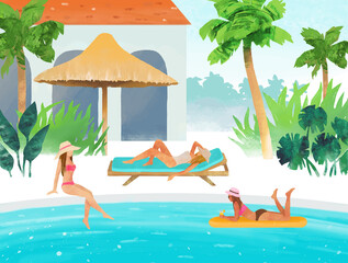 Summer vector vacation concept. Beautiful girls in swimsuits sunbathing beside water pool. Vector hand drawn illustration with palm trees, cottage, pool and women