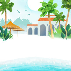 Fototapeta na wymiar Summer and beach concept. Vector travel template with beach, palm trees, cottage and sea. All elements are individual objects