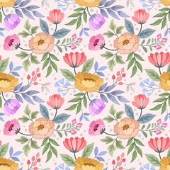 Colorful hand draw flowers seamless pattern for fabric textile wallpaper.