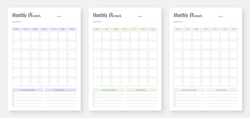 Printable Monthly Planner Template. Minimalist monthly planner template set.