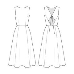 Fashion technical drawing of summer sleeveless dress with flared skirt and cutout back