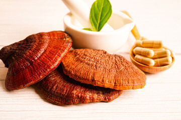 Lingzhi or Reishi mushroom with capsules, organic natural healthy food.