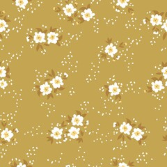 Seamless vintage pattern. White flowers and dots, mustard  leaves. mustard background. vector texture. fashionable print for textiles, wallpaper and packaging.