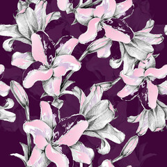 Seamless pattern graphic flowers lily on violet background.