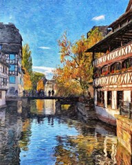 Obraz premium Colorful painting modern artistic artwork, real brush strokes, drawing in oil European famous old street view, beautiful old vintage houses, design print for canvas or paper poster, touristic product