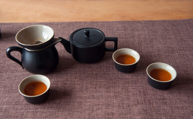 Cup and tea set with tea on table