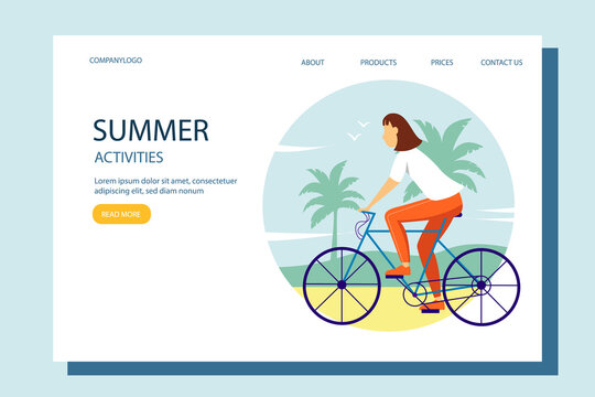 Young woman riding a bicycle on the beach. Illustration of the concept of an active and healthy lifestyle. Landing page template.