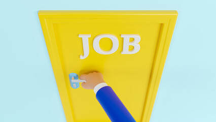 3d businessman hand opening a yellow door for work, new job concept, vacant job position, beginning of business opportunity or career success concept, having a goal, inspiration, 3d rendering