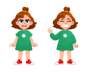 child emotions set. a very angry girl standing in a pose, and Cute happy kid girl raising and waving hands greeting. vector character Illustration.

