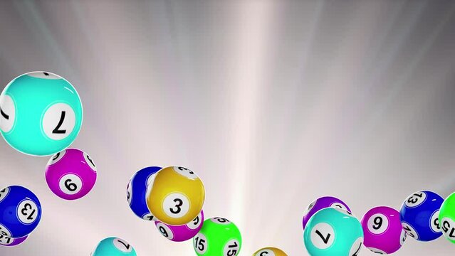 Slow motion. Flying lottery balls. Lot of colorful bingo balls with numbers flying over shining background. Concept lotto jackpot, gamble leisure, bingo lottery tv show, keno raffle, win chance game