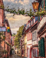 Fototapeta premium Colorful painting modern artistic artwork, real brush strokes, drawing in oil European famous old street view, beautiful old vintage houses, design print for canvas or paper poster, touristic product