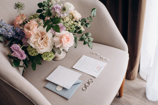 flat lay layout of wedding details top view