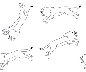 Vector seamless pattern of flat jumping lion isolated on white background