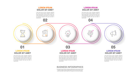 Vector line infographics with 5 circles. Business concept graphic process template with five steps. Graphic timeline for app, website, interface, chart, levels, web, diagram, banner, presentations