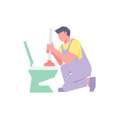 Plumber fixing clogged toilet simple flat vector character illustration.