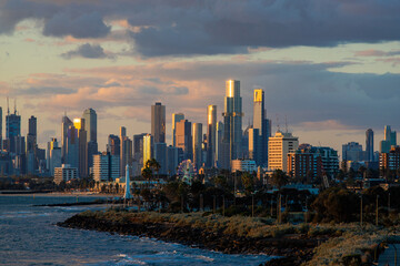 Melbourne building skyline view at sunset time, Australia.