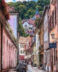 Fototapeta na wymiar Colorful painting modern artistic artwork, real brush strokes, drawing in oil European famous old street view, beautiful old vintage houses, design print for canvas or paper poster, touristic product