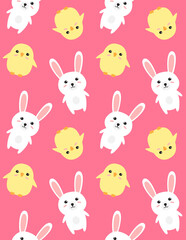 Vector seamless pattern of flat cartoon Easter bunny rabbit and chick isolated on pink background