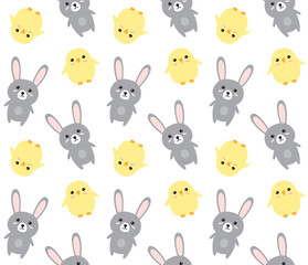 Obraz premium Vector seamless pattern of flat cartoon Easter bunny rabbit and chick isolated on white background
