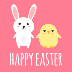 Vector flat cartoon bunny and chick with happy Easter text isolated on pink background