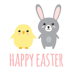 Vector flat cartoon bunny and chick with happy Easter text isolated on white background