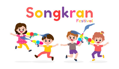 Songkran festival banner template kids holding water gun and jumping enjoy splashing water in Songkran festival, Thailand Traditional New Year's Day Vector Illustration isolated background